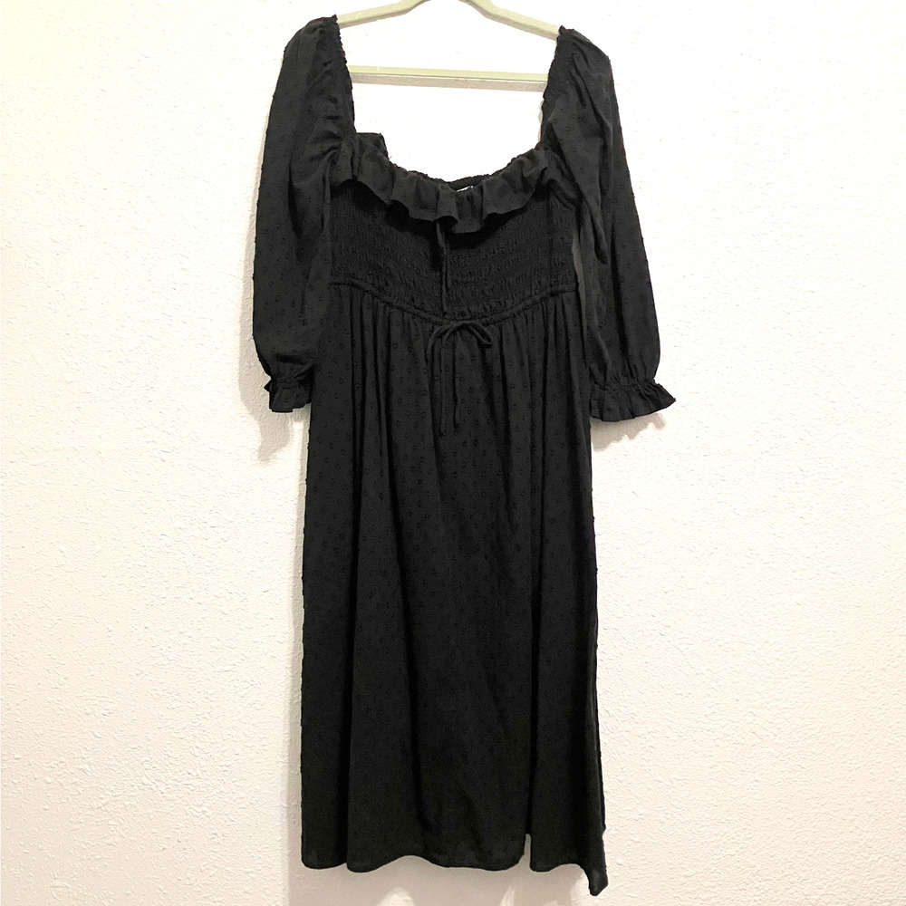 R. Yiposha Black Swiss Dot Smocked Midi Dress XL 16/18 Off Shoulder Boho Gothic